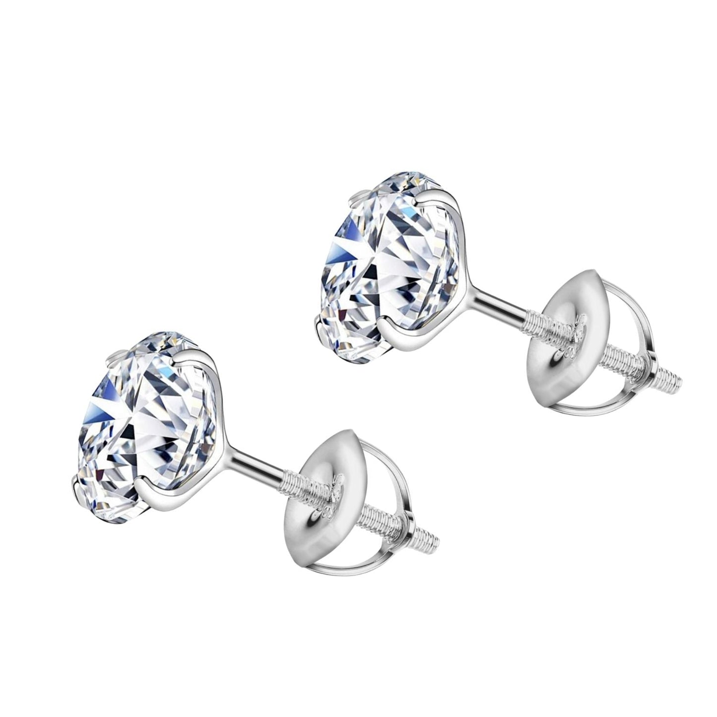 Screwback Solitaire Stud Earrings - 92.5 Silver - Round Cubic Zirconia Tops for everyday wear