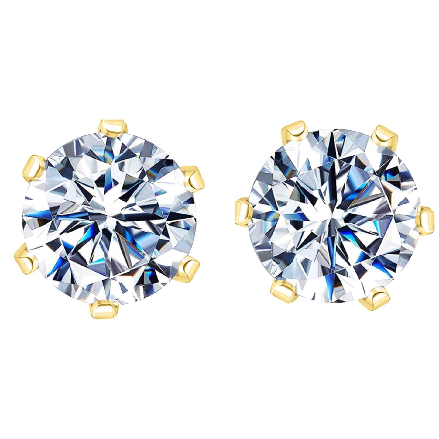 Gold Simple Solitaire Stud Earrings - 92.5 Silver - Round Brilliant Swiss Zirconia Tops for everyday wear in 18K Gold Finish