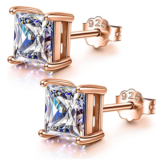 Square Rose Gold Solitaire Earrings in 92.5 Silver embellished with Princess Cut Swarovski Zirconia - 18K Rose Gold Finish