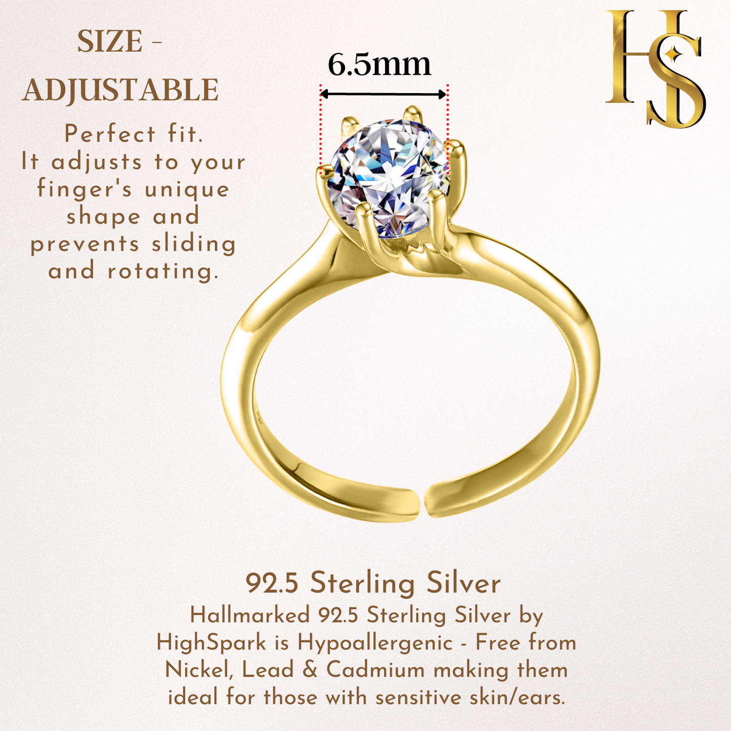 Gold Solitaire Adjustable Ring 'Sparkling Martini' for women in 92.5 Silver