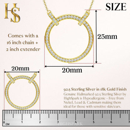 Infographic showing the size of a gold-plated circle pendant with pave-set American diamonds, measuring 20mm wide against a ruler.