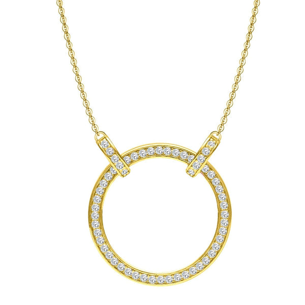 A gold-plated sterling silver pendant necklace with an open circle paved with American diamonds, shown on a plain white background.