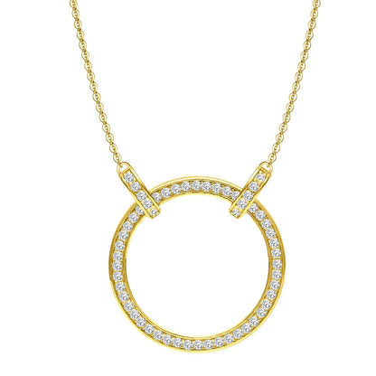 A gold-plated sterling silver pendant necklace with an open circle paved with American diamonds, shown on a plain white background.