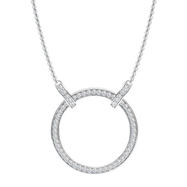 A sterling silver pendant necklace with a large open circle motif paved with American diamonds on a plain white background.