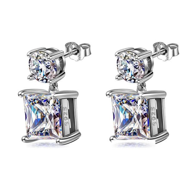 Sterling silver dangle earrings with a round American diamond stud and a dangling princess-cut square stone, shown on a white background.