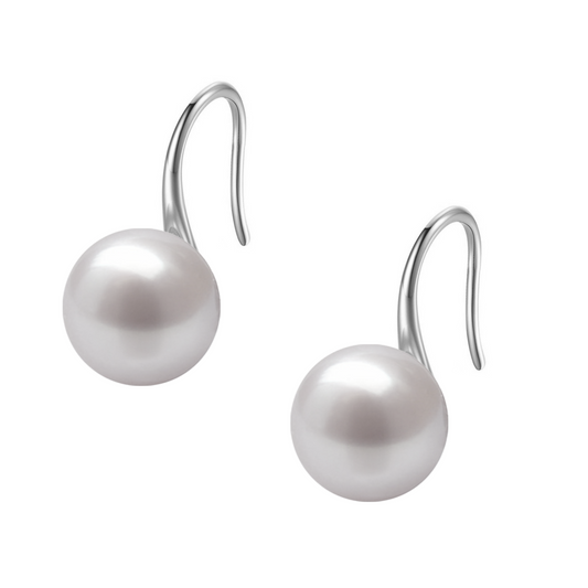 White Stylish Round Pearl Earrings in Hook Design