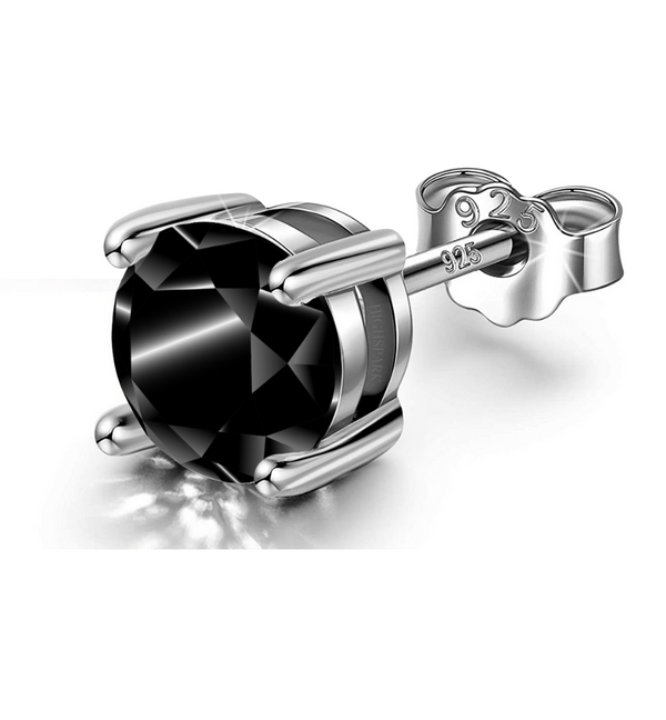 A men's stud earring with a round, faceted black American Diamond in a four-prong sterling silver setting with a push-back closure.