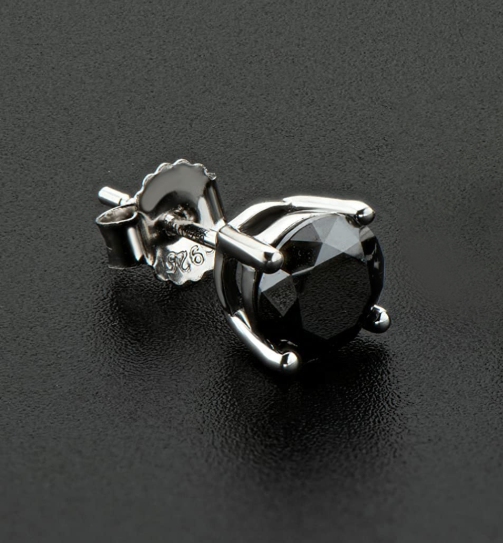 Mens Round Solitaire Earring in 92.5 Silver embellished with Black Zirconia