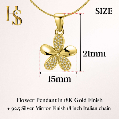 An infographic showing the dimensions of a gold-plated flower pendant with pavé American diamonds.