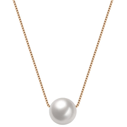 A solitaire pendant necklace with a single round white pearl on a rose gold-plated box chain, shown on a white background.