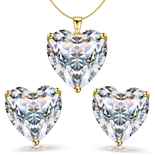 Solitaire Heart Earrings, Pendant & Chain Set in 92.5 Silver - 18k Gold finish - embellished with Swarovski Zirconia