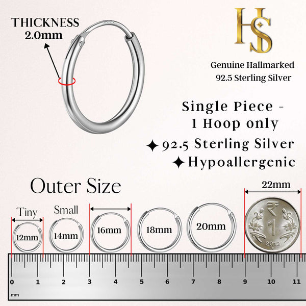 Mens Thick Hoop Earrings in 92.5 Sterling Silver - Round Classic Hoop - Sizes 10mm to 20mm