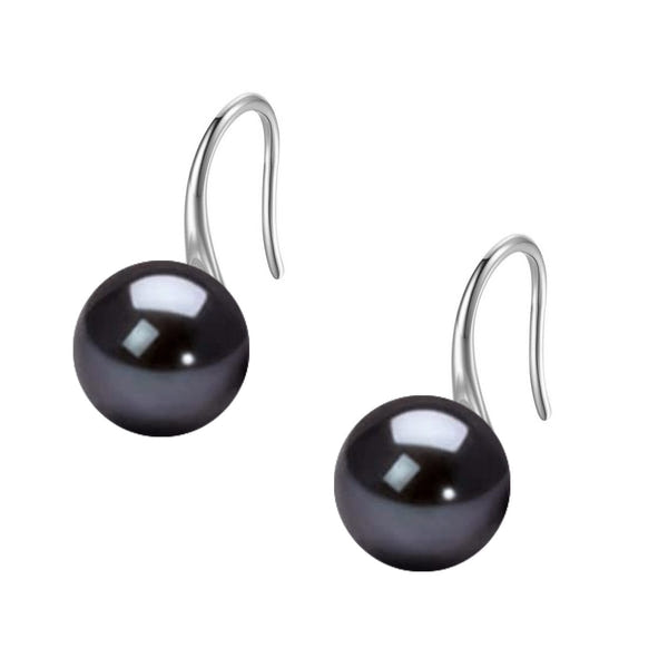 A pair of hook earrings with a single round black pearl on each, crafted from sterling silver and shown on a white background.
