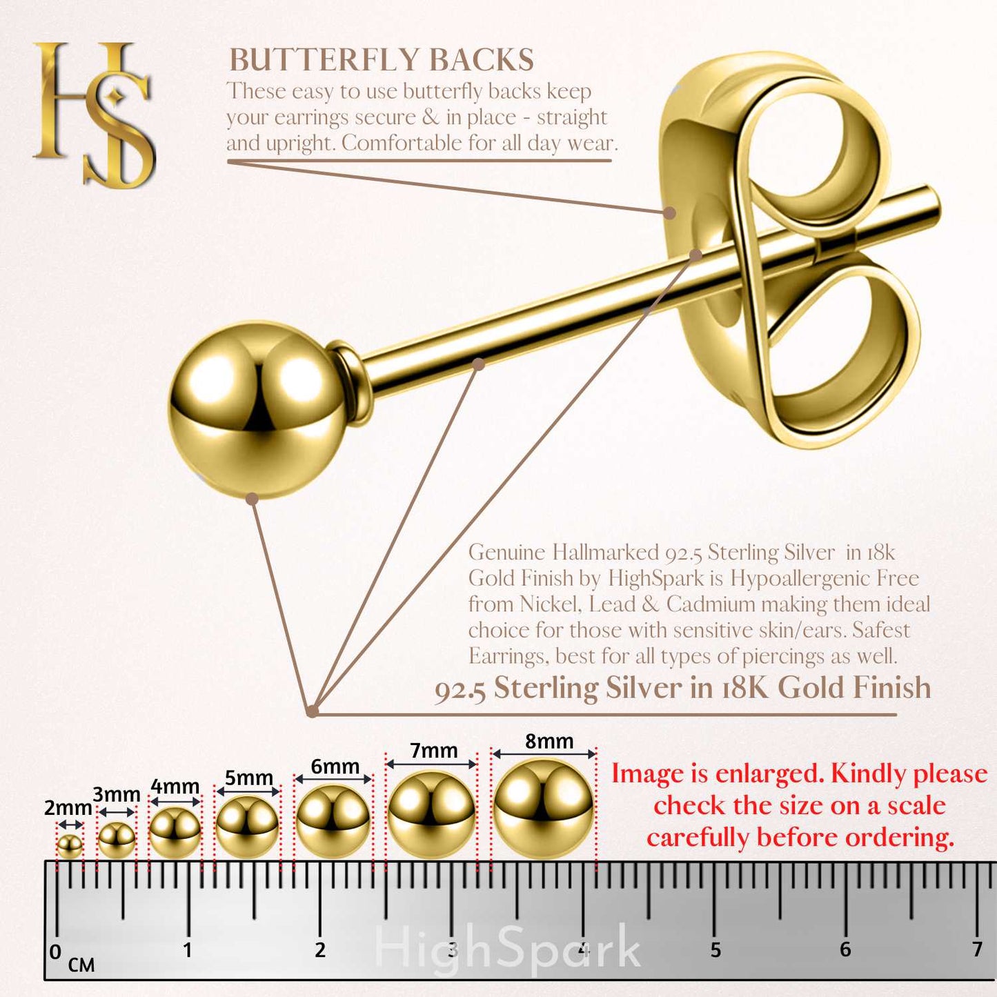 Gold Ball Earrings in Pure 92.5 Sterling Silver - Simple and elegant earrings in 18K Gold finish