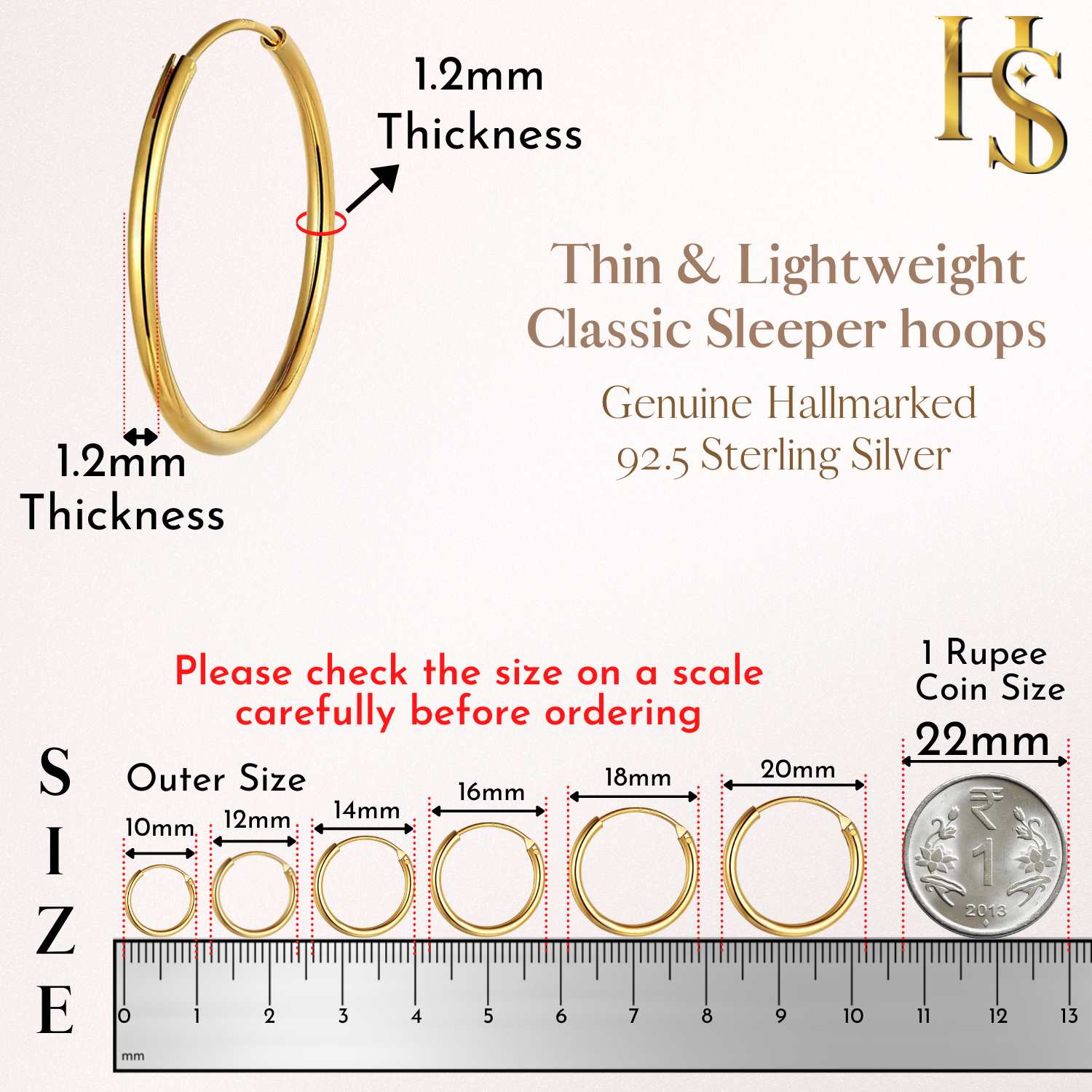 Classic Gold Hoop Earrings in 92.5 Silver - 1.2mm Thickness - Small Si –  HighSpark