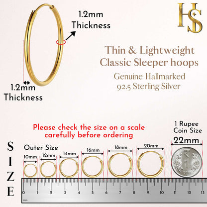 Classic Gold Hoop Earrings in 92.5 Silver - 1.2mm Thickness - Small Sizes 10mm to 20mm -  18K Gold finish