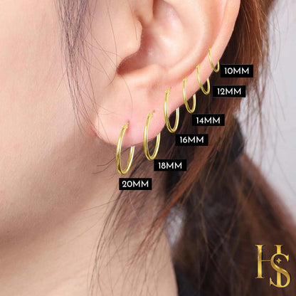 Classic Gold Hoop Earrings in 92.5 Silver - 1.2mm Thickness - Small Sizes 10mm to 20mm -  18K Gold finish