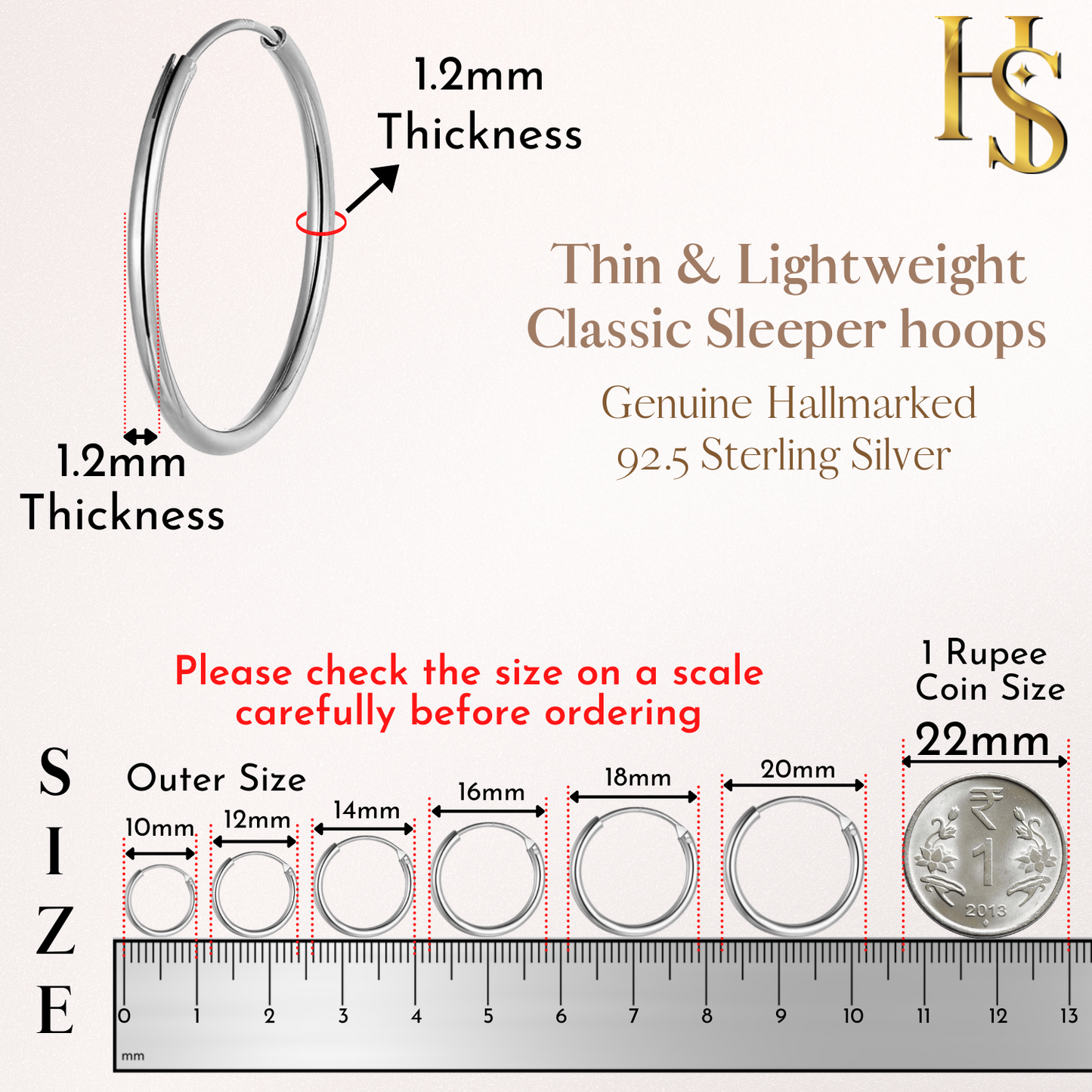 Mens Classic Hoop Earrings in 92.5 Sterling Silver - 1.2mm Thickness - Small Sizes 10mm to 20mm (Thin & lightweight Hoops)
