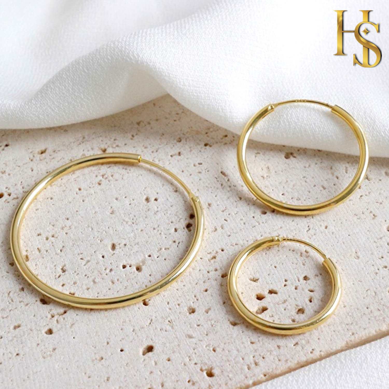 Classic Gold Hoop Earrings in 92.5 Silver - 1.2mm Thickness - Big Sizes 25mm to 50mm -  18K Gold finish