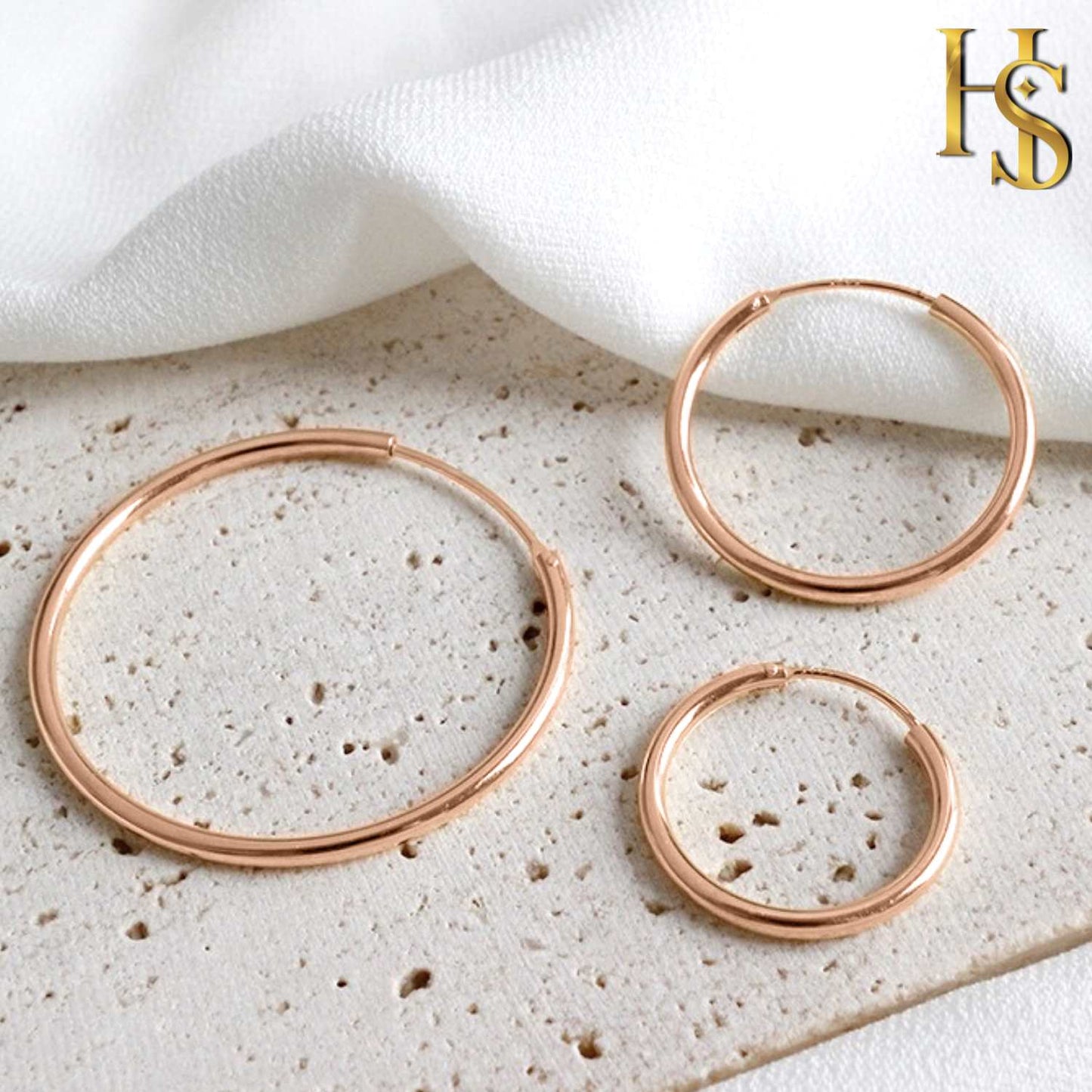 Classic Rose Gold Hoop Earrings in 92.5 Silver - 1.2mm Thickness - Big Sizes 25mm to 50mm -  18K Rose Gold finish