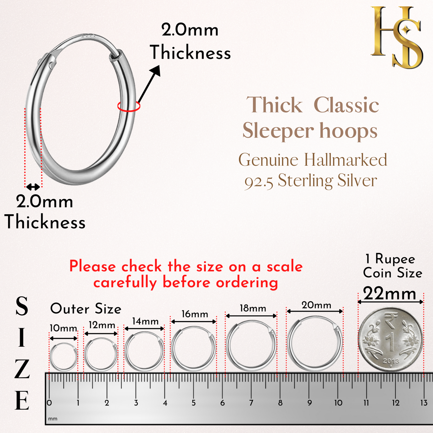 Thick Hoop Earrings in 92.5 Sterling Silver - Round Classic Hoop - Sizes 12mm to 20mm