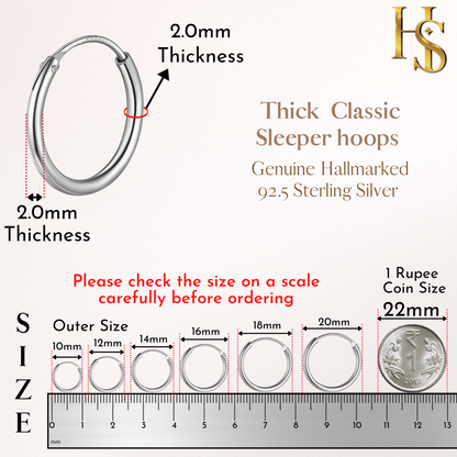 Thick Hoop Earrings in 92.5 Sterling Silver - Round Classic Hoop - Sizes 12mm to 20mm