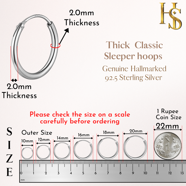 Thick Hoop Earrings in 92.5 Sterling Silver - Round Classic Hoop - Sizes 12mm to 20mm