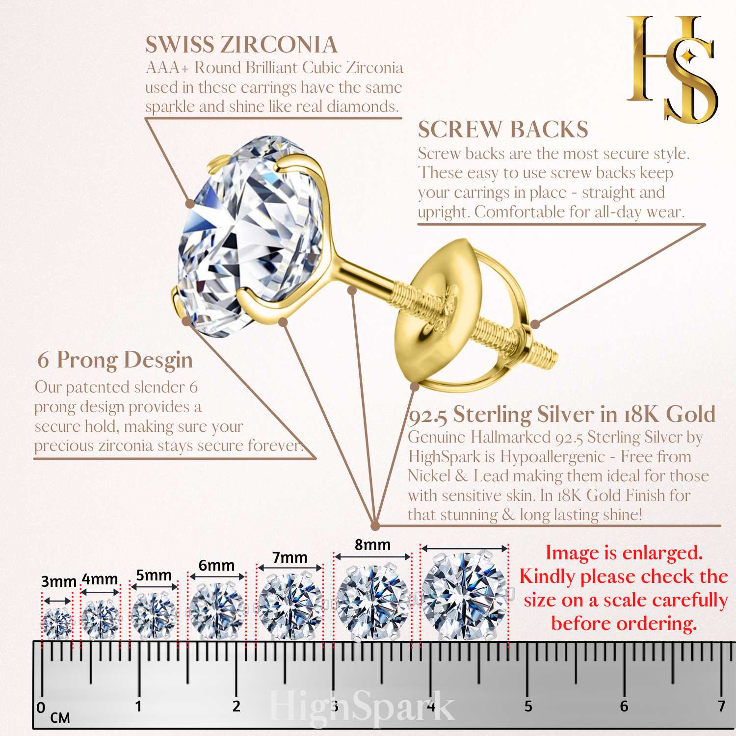 Gold Screwback Solitaire Stud Earrings - Round Cubic Zirconia Tops - 92.5 Silver in 18K Gold Finish