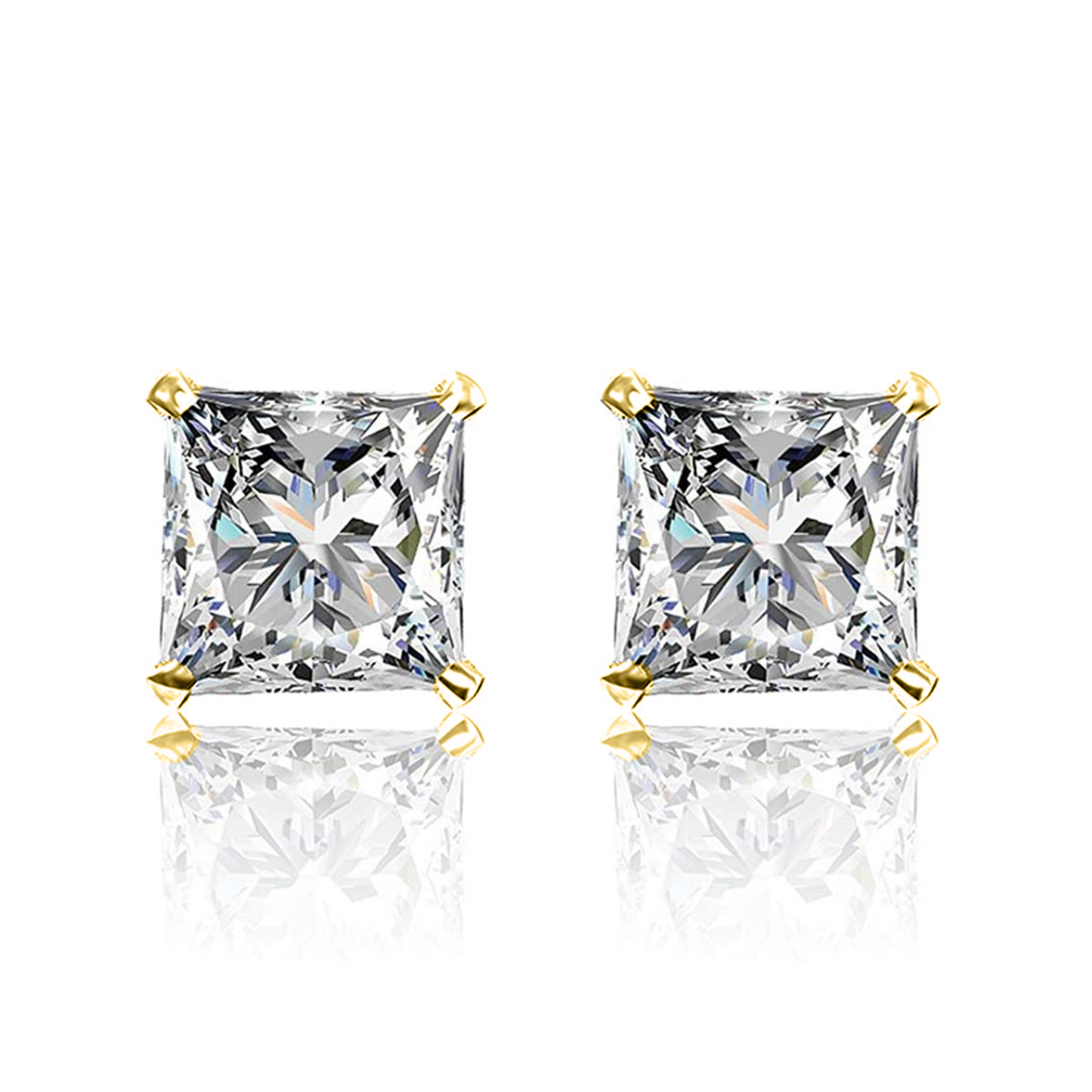 Solitaire Gold Square Stud Earrings in 92.5 Silver - Princess Cut - Brilliant Swiss Zirconia - 18k gold Finish