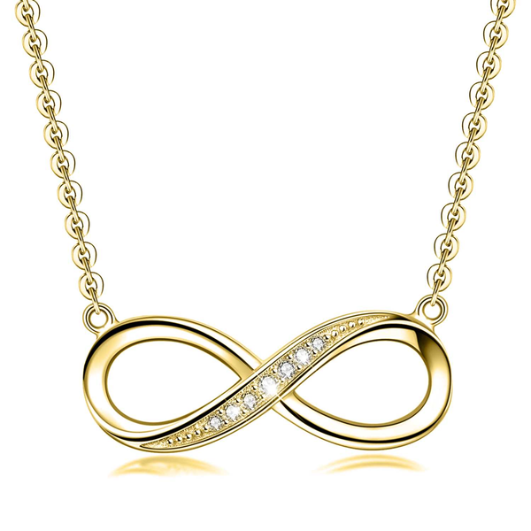 A gold-plated pendant necklace with an infinity symbol motif, pave-set with American diamonds on a link chain, shown on a white background.