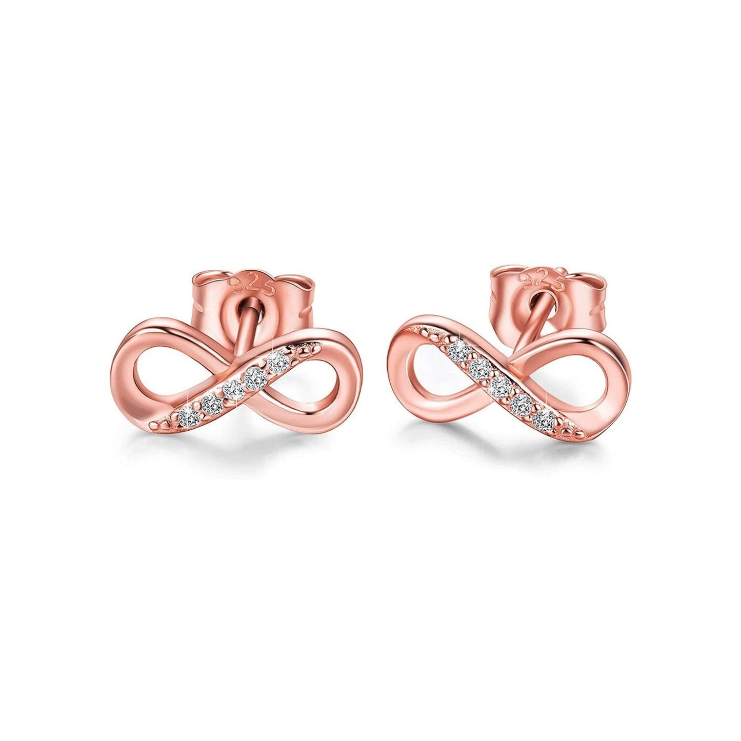 Rose Gold Infinity Stud Earrings in 92.5 Silver studded with Swiss Zirconia - 18K Rose Gold finish