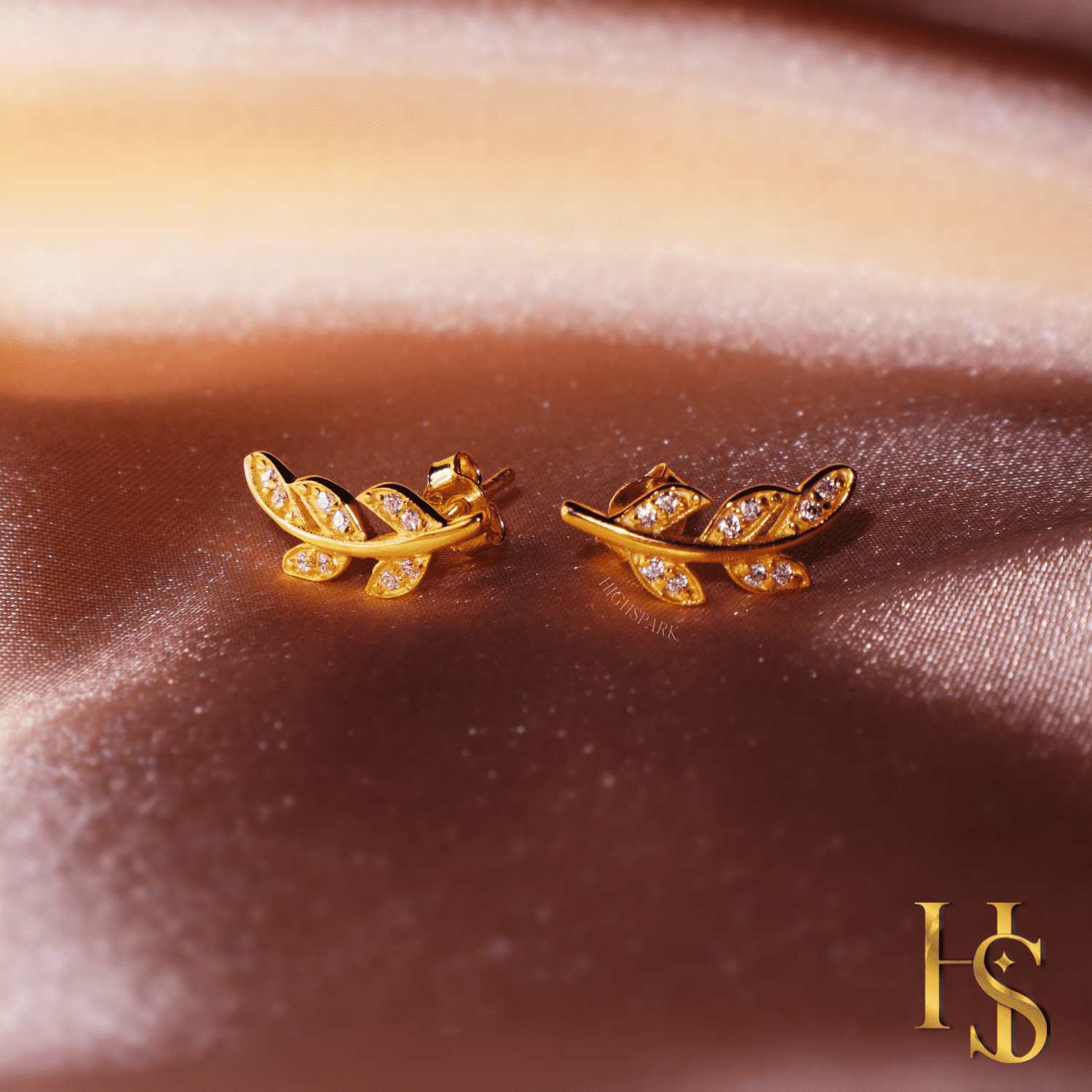 Minimal Gold Leaf Earrings in 92.5 Silver studded with Swiss Zirconia - 18K Gold Finish