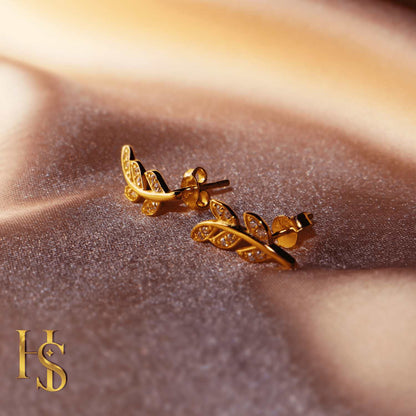 Minimal Gold Leaf Earrings in 92.5 Silver studded with Swiss Zirconia - 18K Gold Finish