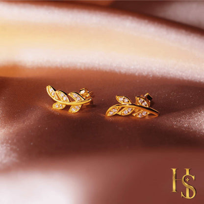 Minimal Gold Leaf Earrings in 92.5 Silver studded with Swiss Zirconia - 18K Gold Finish