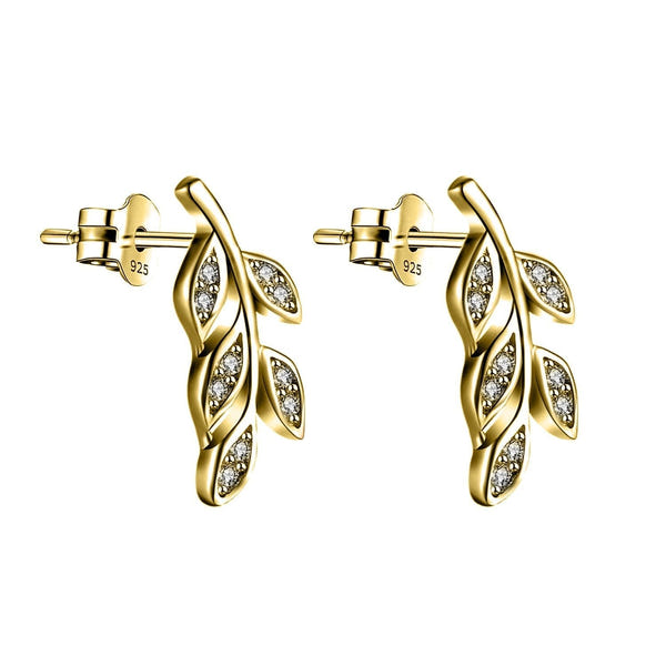 A pair of gold-plated sterling silver stud earrings in a leaf vine motif, with pavé-set American diamonds and push-back closures.
