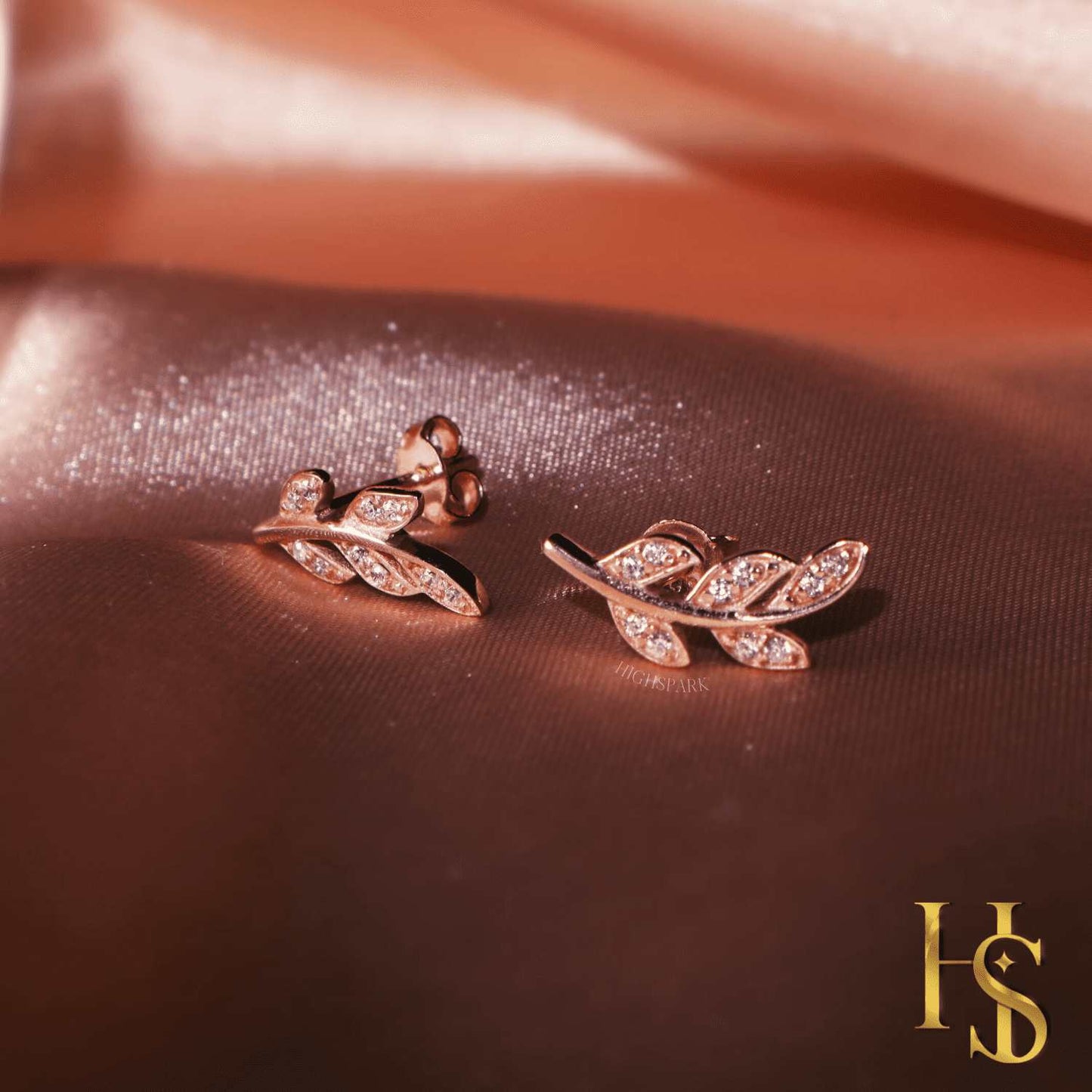 Minimal Rose Gold Leaf Earrings in 92.5 Silver studded with Swiss Zirconia - 18K Rose Gold Finish