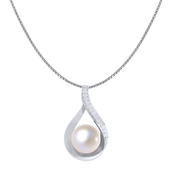 A sterling silver pendant necklace with a single pearl cradled in a teardrop loop, one side paved with American diamonds.