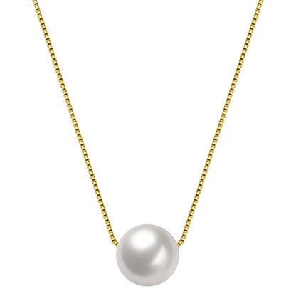 A floating pearl pendant necklace with a single round white pearl on a gold-plated box chain, shown on a white background.