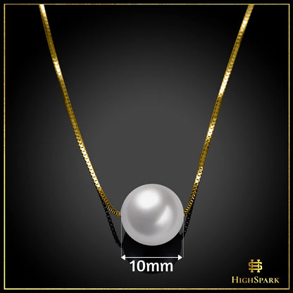 An infographic showing a single round pearl pendant with a 10mm diameter on a gold-plated box chain against a dark background.
