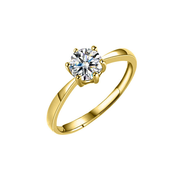 A classic solitaire ring with a round American diamond in a six-prong setting on a gold-plated sterling silver band.