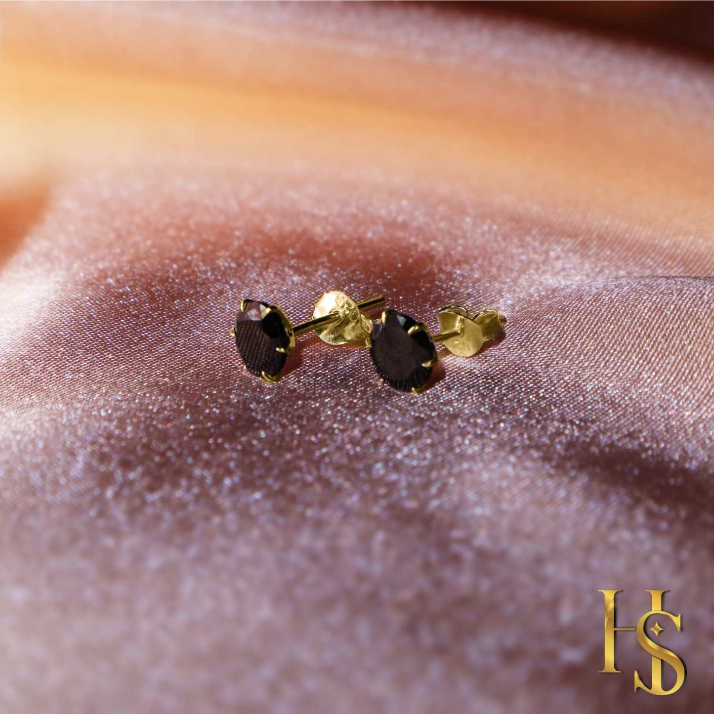 Gold Solitaire Black Round Stud Earrings - 92.5 Silver - Black Brilliant Zirconia Tops - 18k Gold Finish