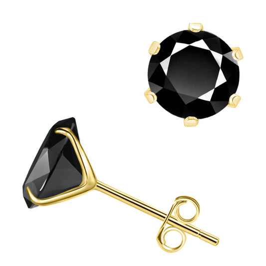 Gold Solitaire Black Round Stud Earrings - 92.5 Silver - Black Brilliant Zirconia Tops - 18k Gold Finish