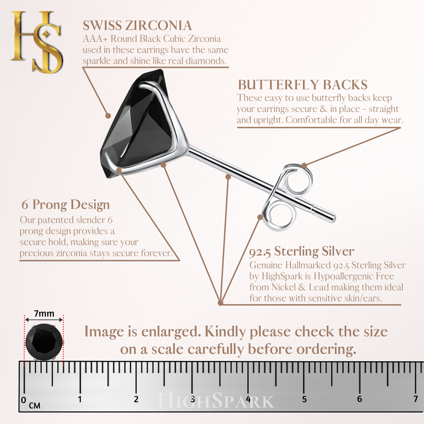 Simple Mens Black Solitaire Stud Earrings - Round Brilliant Cubic Zirconia Tops