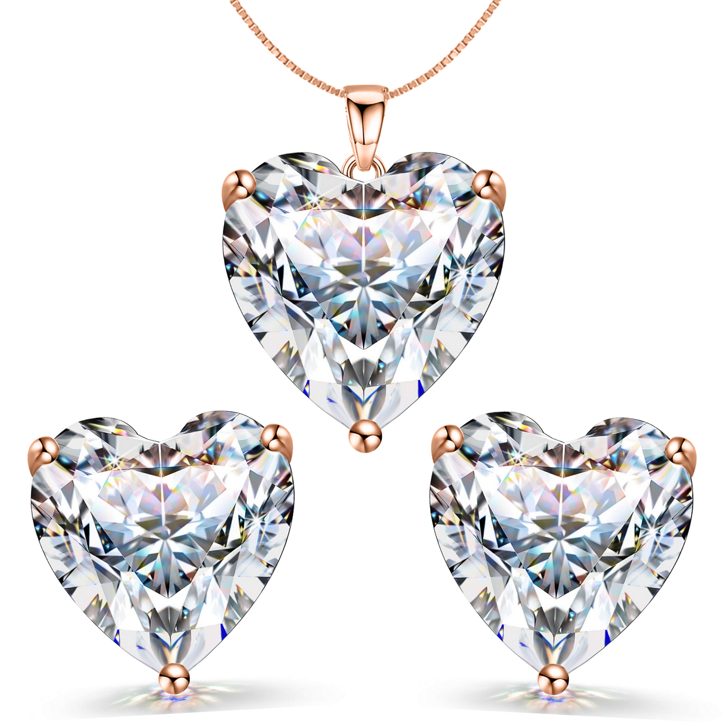 Solitaire Heart Earrings, Pendant & Chain Set in 92.5 Silver - 18k Rose Gold finish - embellished with Swarovski Zirconia