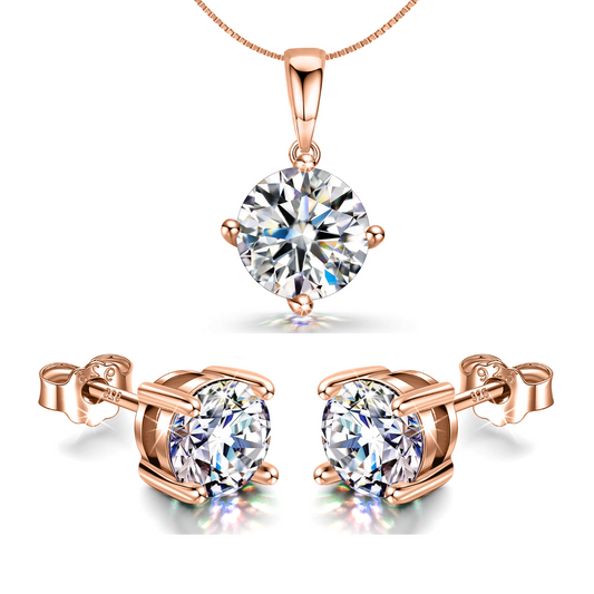 Solitaire Set - Round Earrings, Pendant & Chain in 92.5 Silver embellished with Swarovski Zirconia - 18K Rose Gold finish