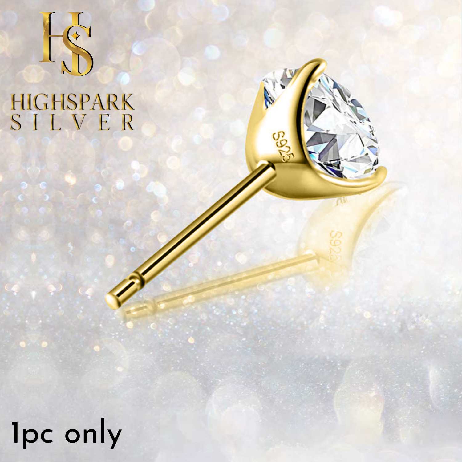 Mens Gold Solitaire Stud Earrings in 92.5 Silver - 1 piece - Sparkling Martini by HighSpark - Sparkling Swiss Zirconia in Martini Style 3 Prong Setting - 18K Gold Finish