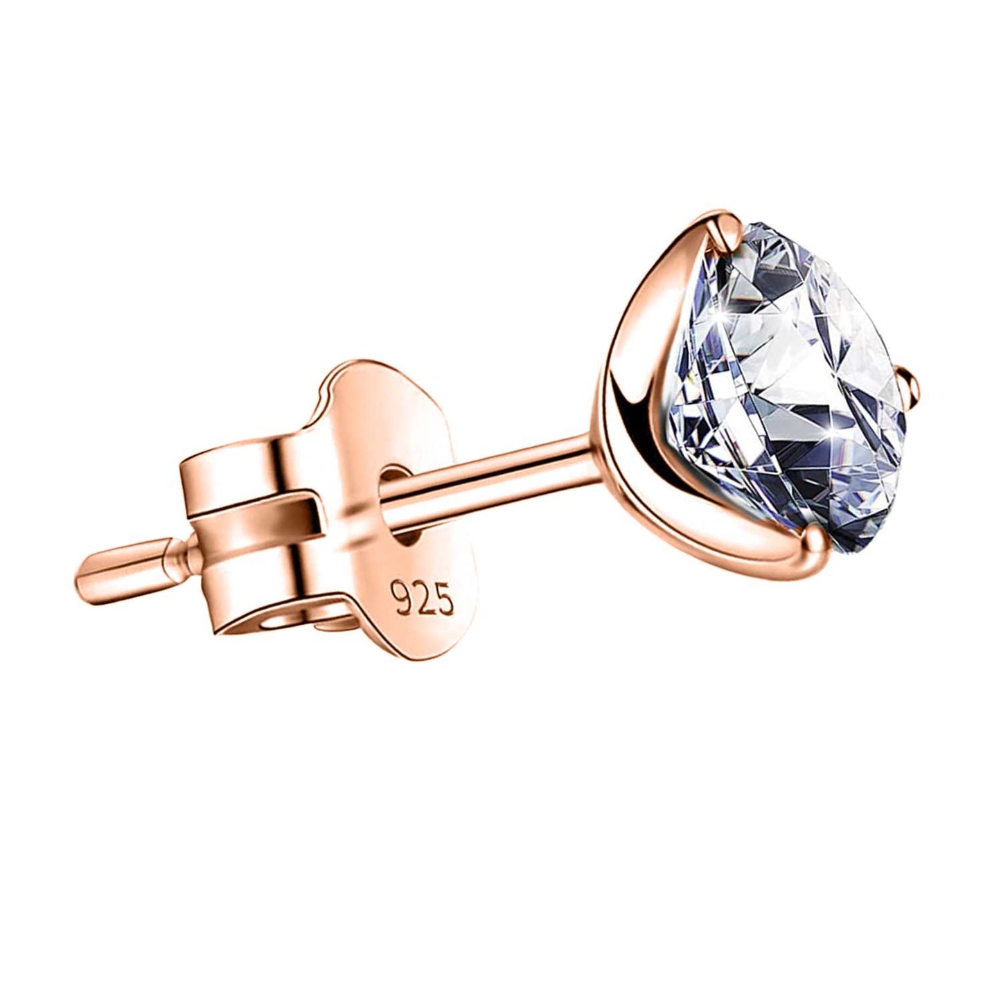 Mens Rose Gold Solitaire Stud Earrings in 92.5 Silver - 1 piece - Sparkling Martini by HighSpark - Sparkling Swiss Zirconia in Martini Style 3 Prong Setting - 18K Gold Finish