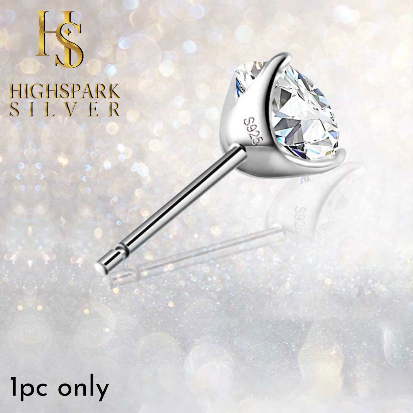 Mens Solitaire Stud Earrings in 92.5 Silver - 1 piece - Sparkling Martini by HighSpark - Sparkling Swiss Zirconia in Martini Style 3 Prong Setting