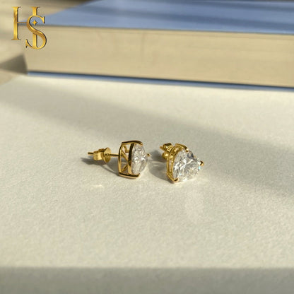 Gold Solitaire Heart Earrings embellished with Sparkling Zirconia - 92.5 Silver in 18K Gold Finish