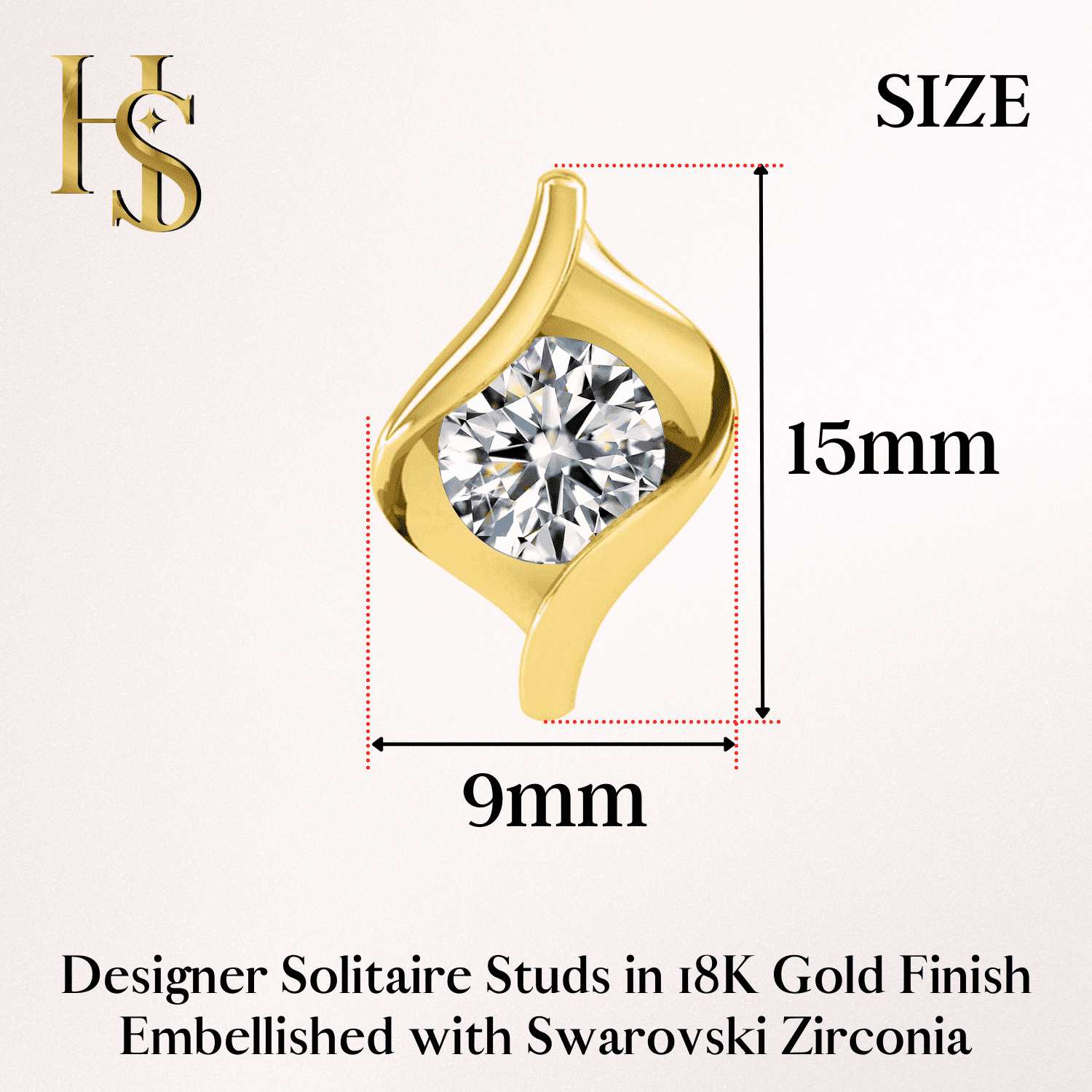 Gold Designer Solitaire Earrings in 92.5 Silver embellished with Swarovski Zirconia - 92.5 Silver in 18K Gold Finish
